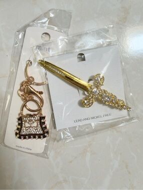 BUNDLE Gold Crystal Sword brooch + and bag keychain